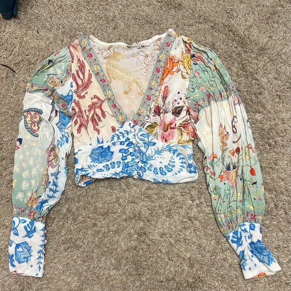 Floral Patchwork Cropped V-Neck Blouse - Picture 1 of 1